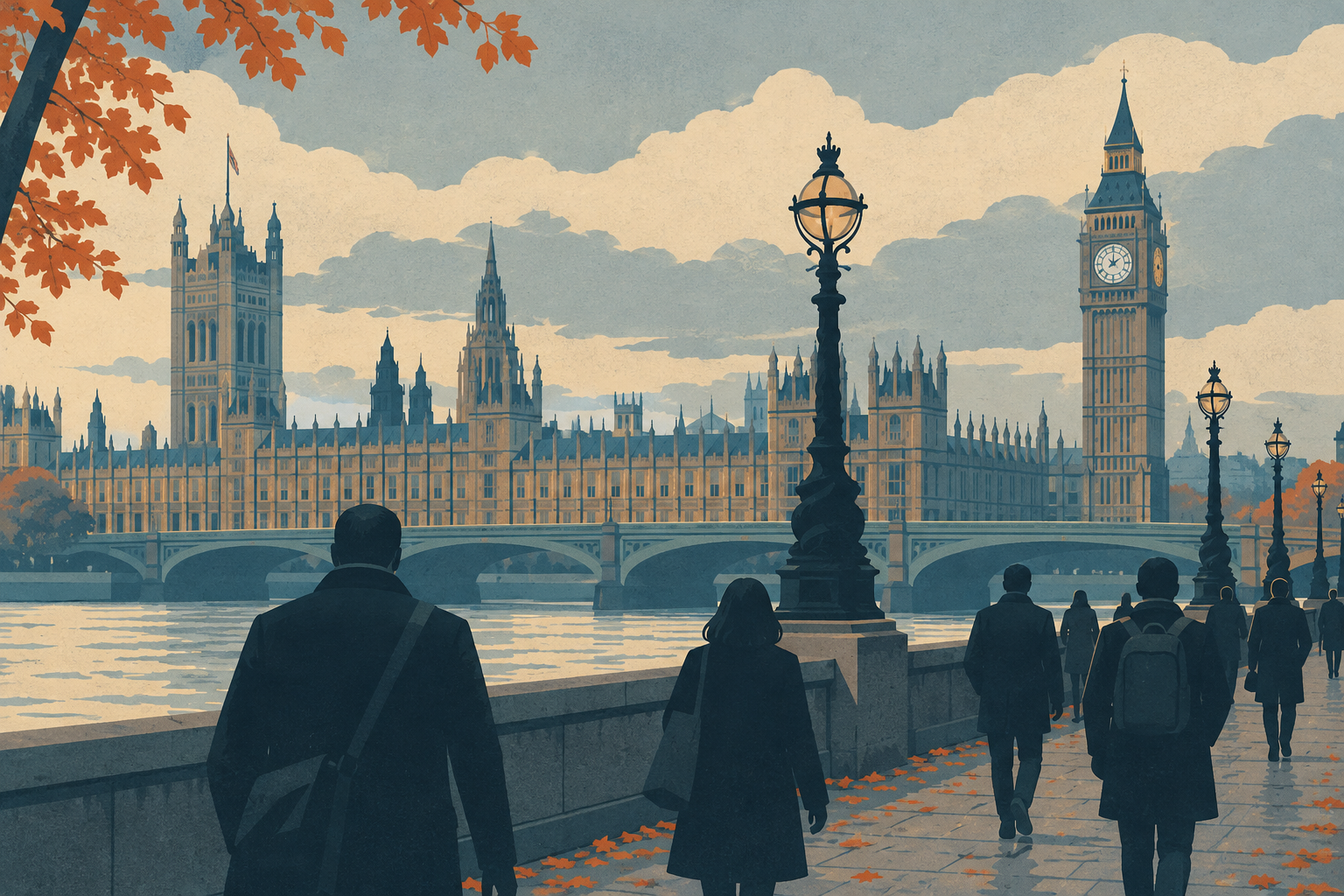 Anonymous commuters walking near the Palace of Westminster on an overcast autumn day.