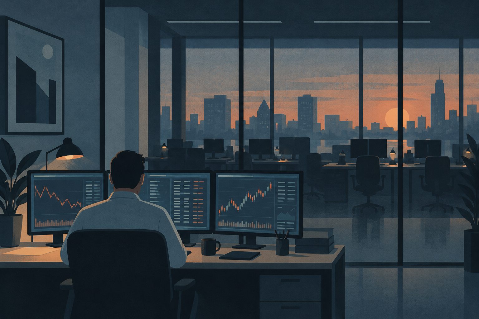Illustration of an employee at a trading workstation in a quiet office at dusk.
