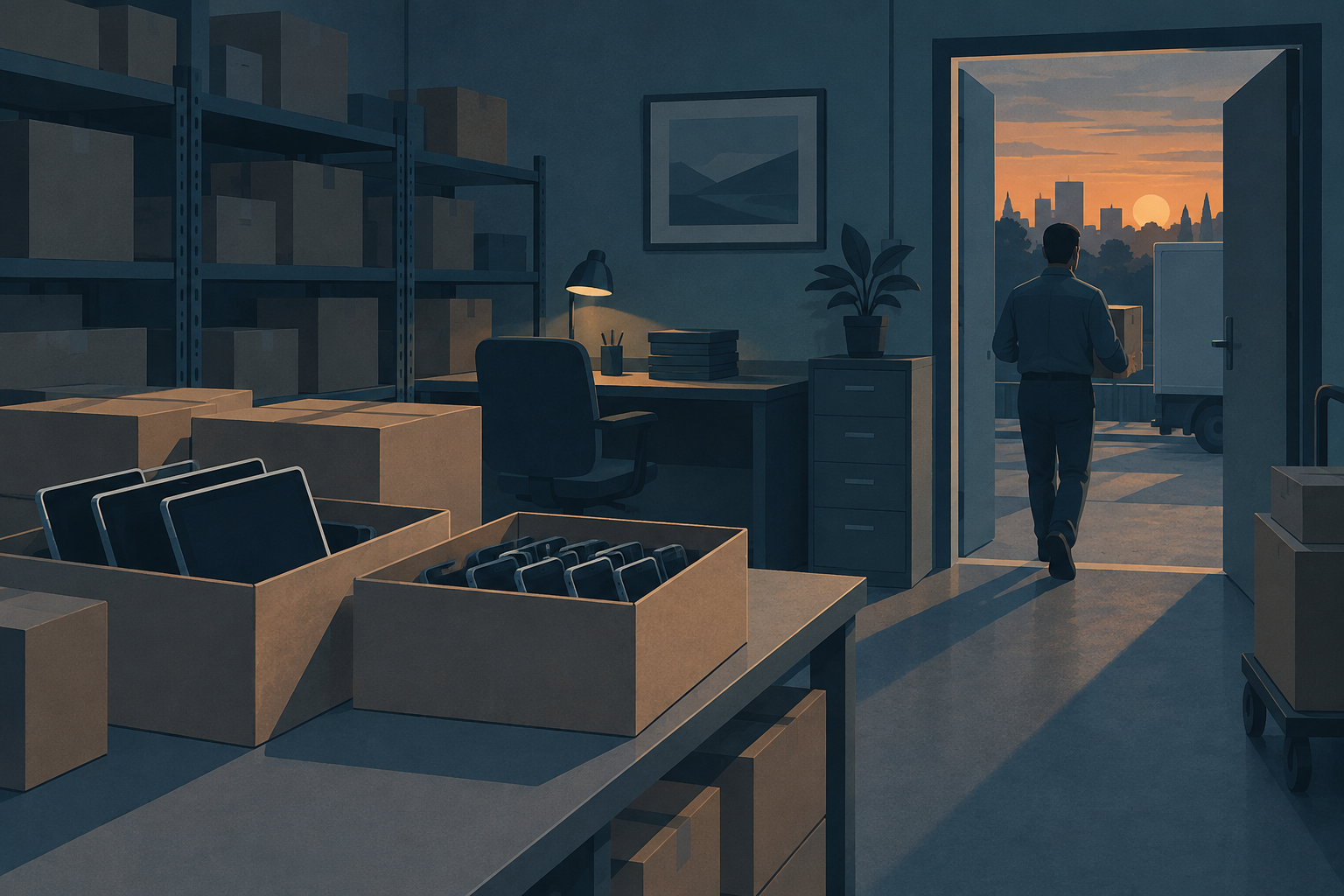 Illustration of an employee carrying a box of electronic devices out of a corporate equipment storeroom.