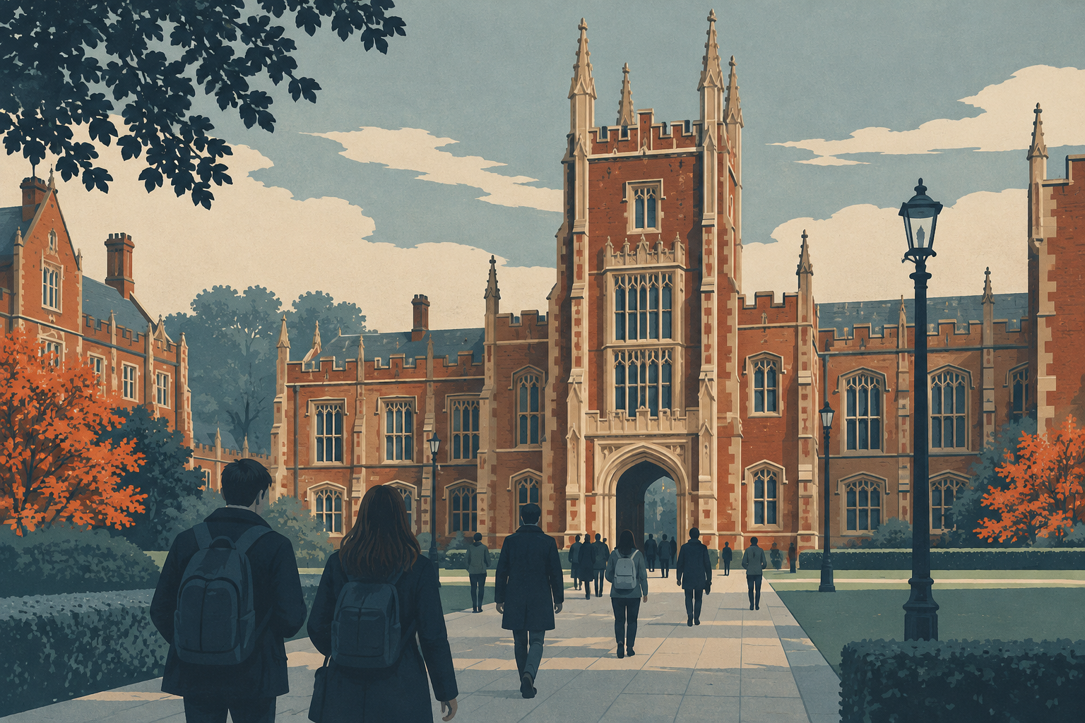 People walking towards a red-brick Gothic university building in Belfast.